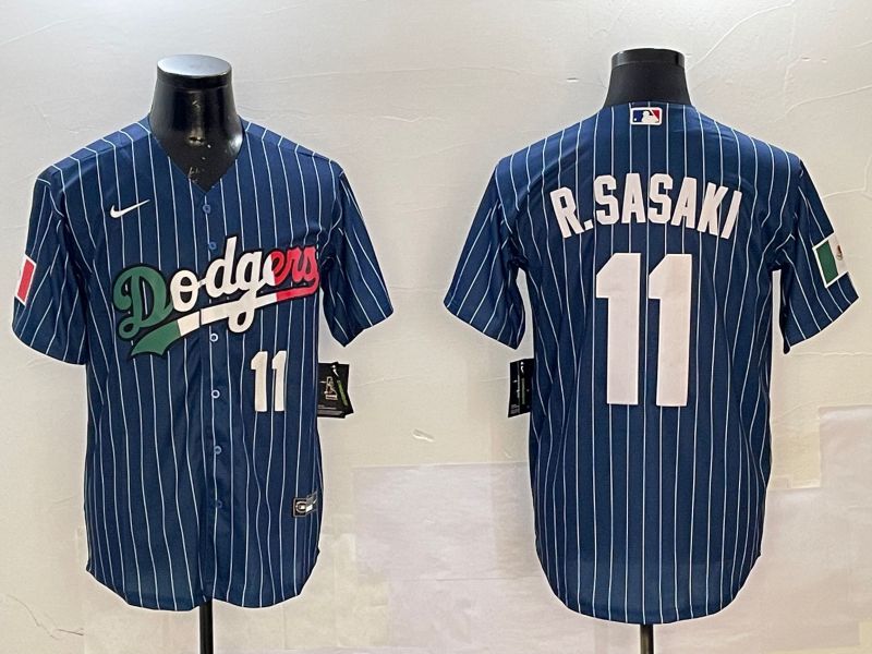 Men Los Angeles Dodgers #11 R.Sasaki Blue Stripe Fashion Game 2025 Nike MLB Jersey style 7